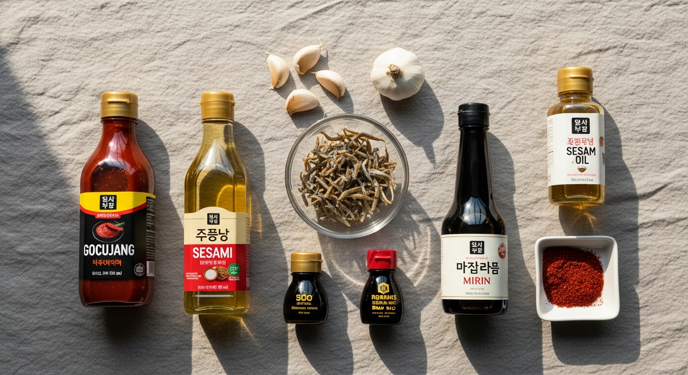 Overhead arrangement of Korean pantry staples including gochujang, sesame oil, soy sauce, and spices