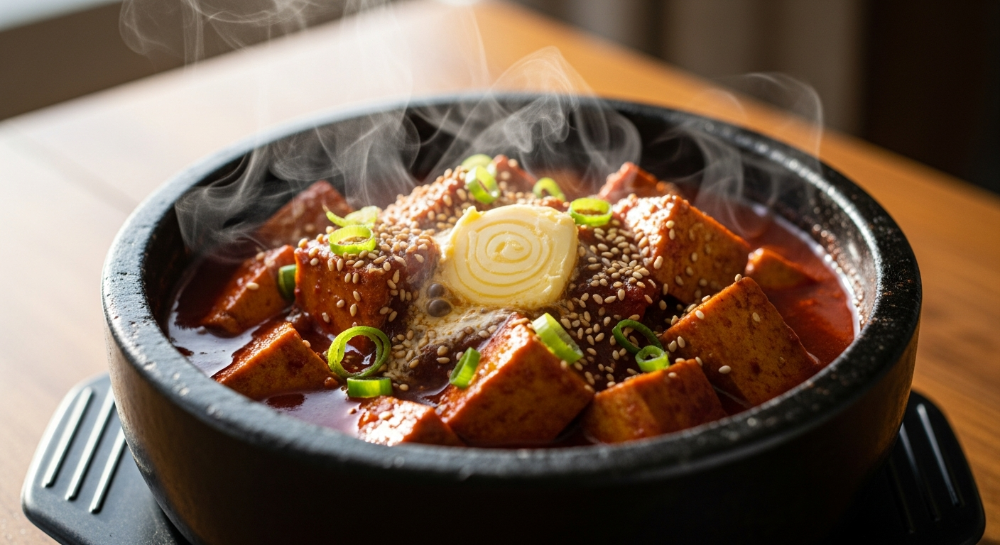 Air fryer dubu jorim with spicy braised tofu in gochujang sauce in traditional Korean stone bowl