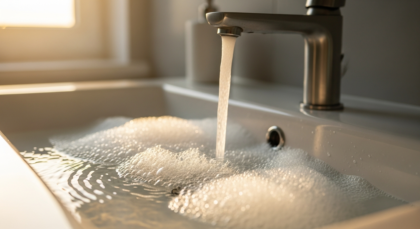 Clean sparkling sink with morning light and soap bubbles