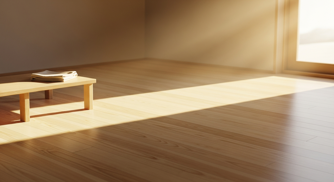 Sunlit polished wooden floor in a tidy Korean home